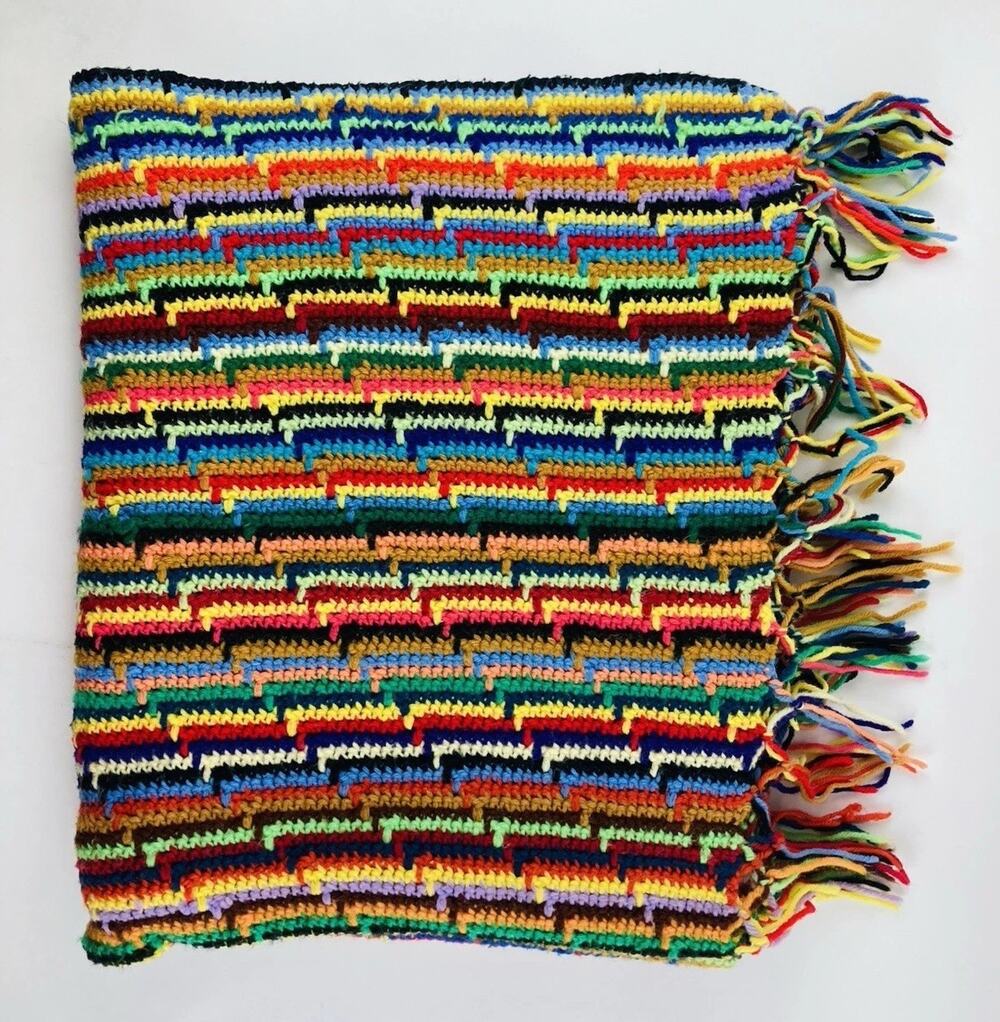RAINBOW MULTI COLOR AFGHAN CROCHET HAND MADE LAP BLANKET COUCH THROW FRINGE Funk